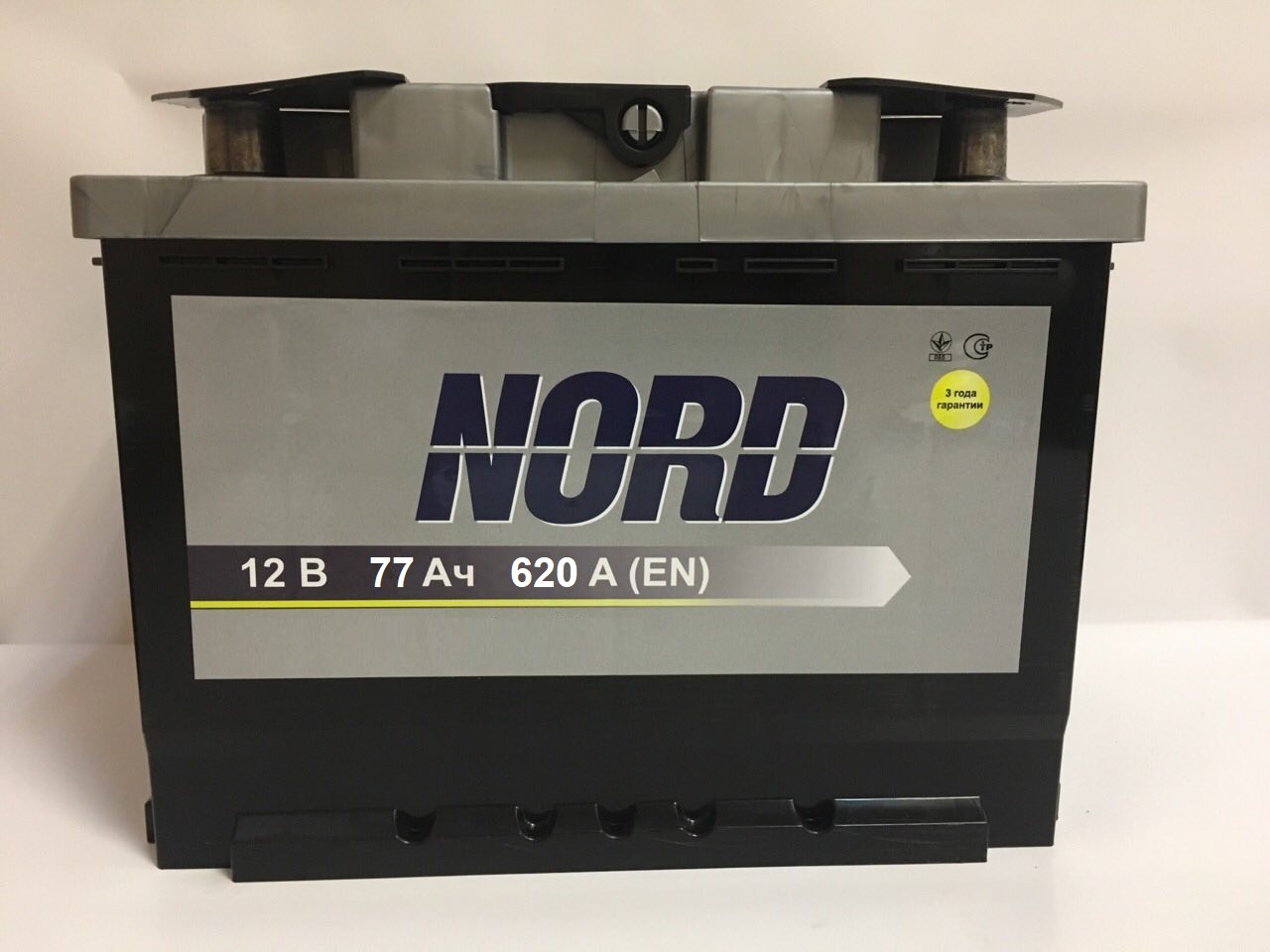 Акумулятор легковий NORD 6СТ-77(0), 12B, 77Ah, 620A, плюс праворуч (R+) кальцієвий (Ca/Ca), 278x175x190мм (NORD077E0)